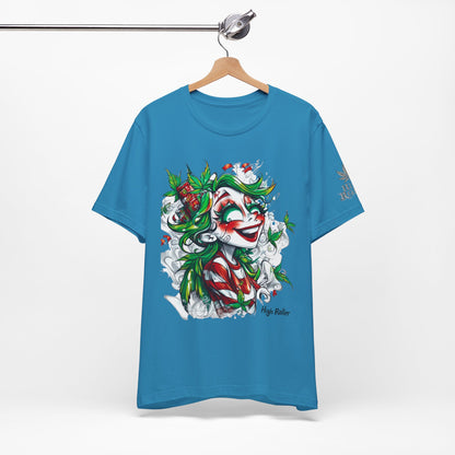 High Roller Jester Queen Cannabis T-Shirt - Premium 420 Harlequin Beauty Holiday Celebration Apparel