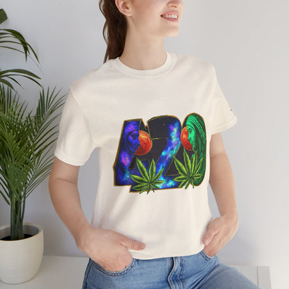 420 Cosmic Connection Premium Cannabis Culture T-Shirt - Bold Typography With Celestial Profiles And Luminous Cannabis Leaf Design