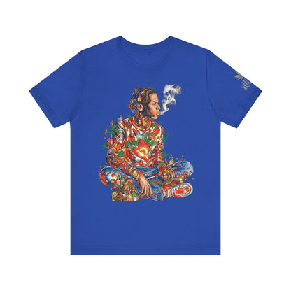 High Roller Meditation Mosaic Cannabis T-Shirt - Premium 420 Hip-Hop Zen Cross-Legged Street Culture Artistic Collage Apparel