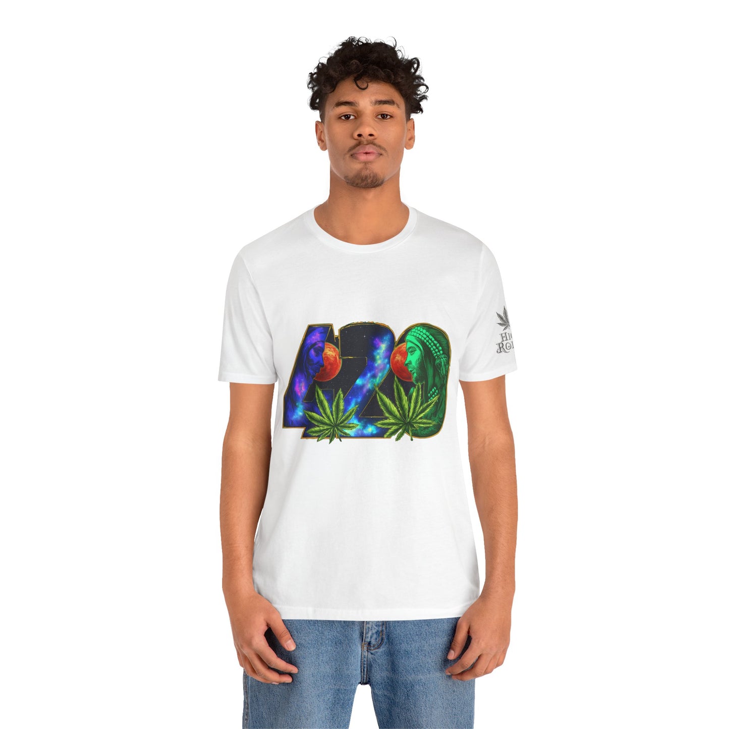 420 Cosmic Connection Premium Cannabis Culture T-Shirt - Bold Typography With Celestial Profiles And Luminous Cannabis Leaf Design