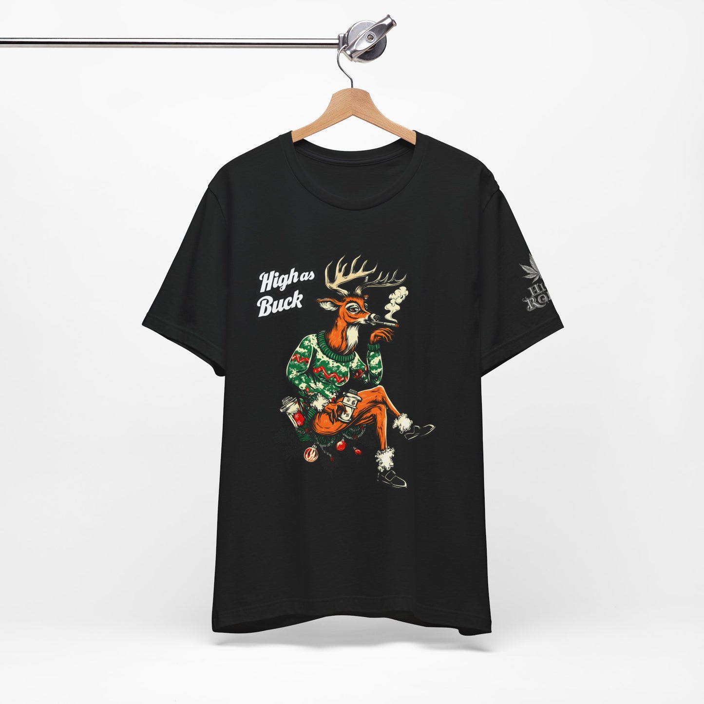 High as Buck T-Shirt - Premium Airlume Cotton Cannabis Christmas Deer Holiday Tee