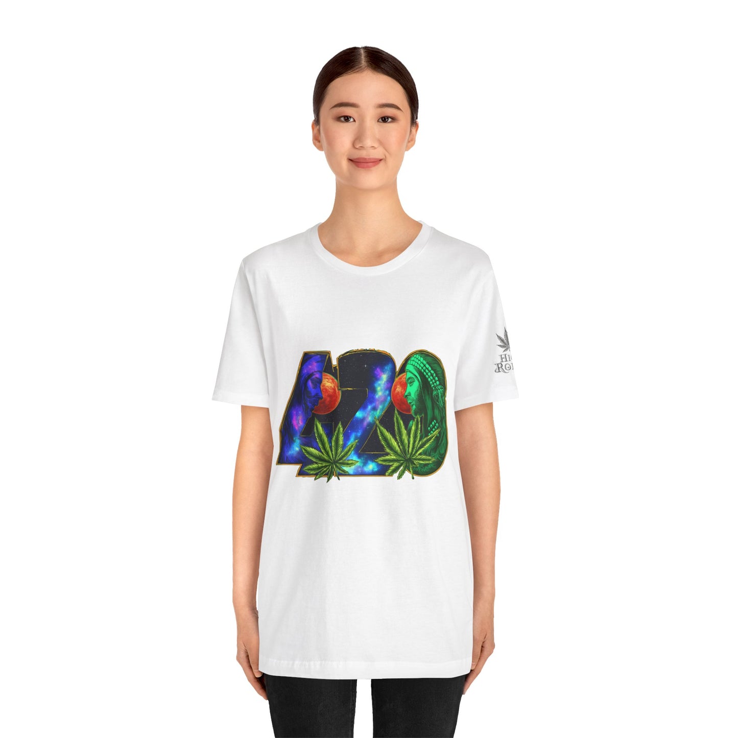 420 Cosmic Connection Premium Cannabis Culture T-Shirt - Bold Typography With Celestial Profiles And Luminous Cannabis Leaf Design