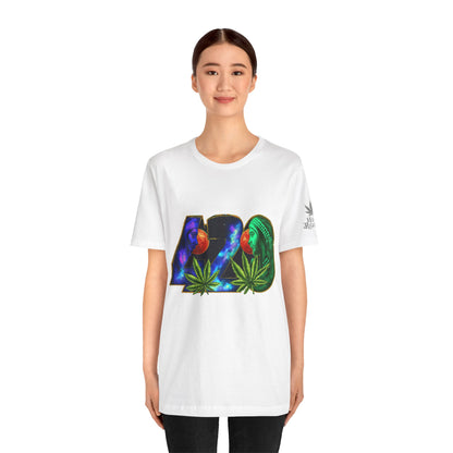 420 Cosmic Connection Premium Cannabis Culture T-Shirt - Bold Typography With Celestial Profiles And Luminous Cannabis Leaf Design