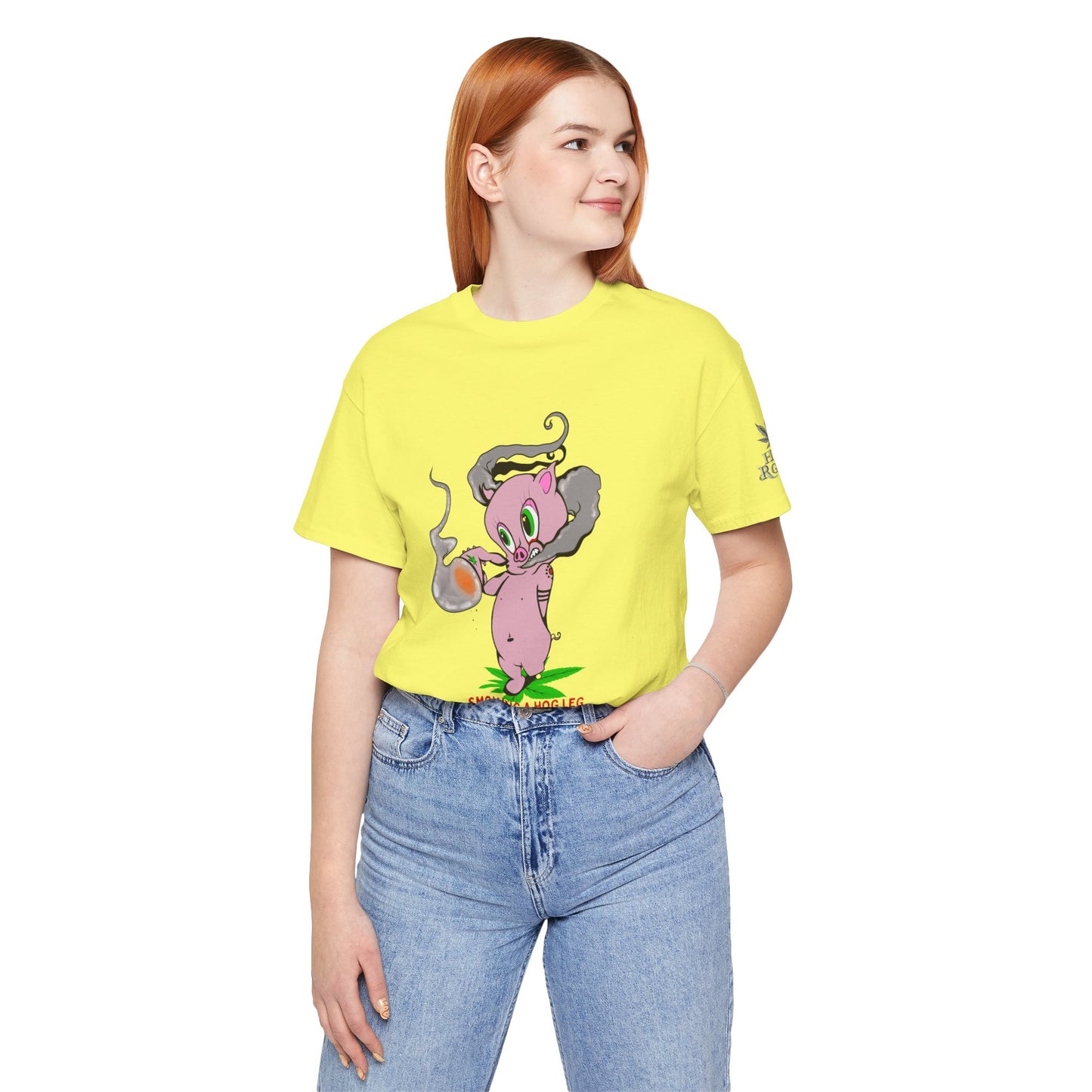 Smoking Hog Leg Pink Pig Tee - Premium Airlume Cotton Cannabis Culture Art