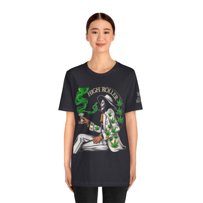 Skeletal HIGH ROLLER Halloween Cannabis Lounge T-Shirt - Premium Death's Day Off Botanical Relaxation 420 Apparel