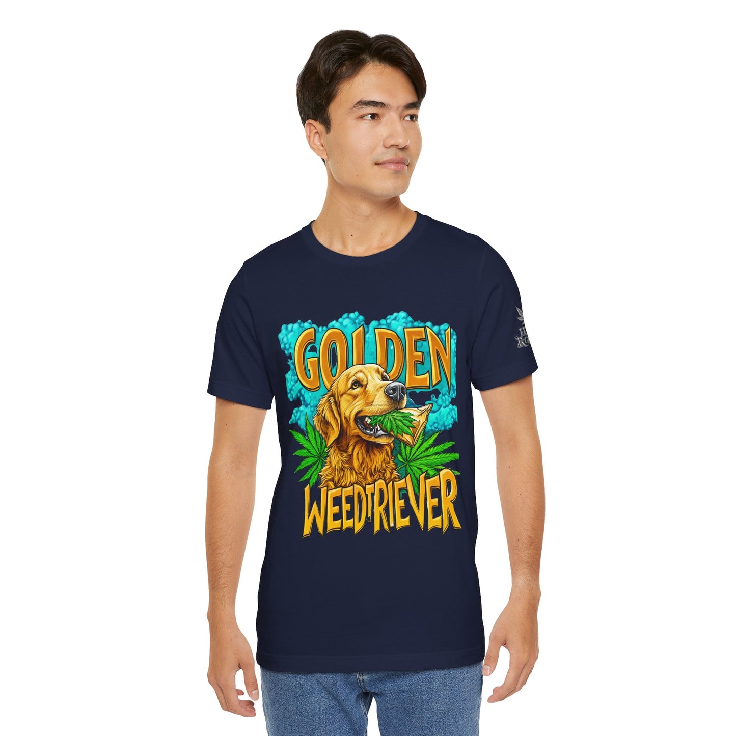 High Roller Golden Weedtriever Cannabis T-Shirt - Premium 420 Dog Lover Humor Golden Retriever Pun Comedy Pet Culture Apparel