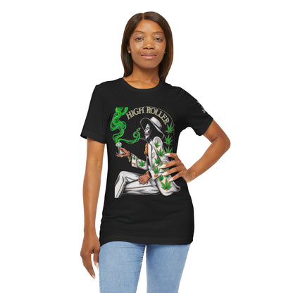 Skeletal HIGH ROLLER Halloween Cannabis Lounge T-Shirt - Premium Death's Day Off Botanical Relaxation 420 Apparel
