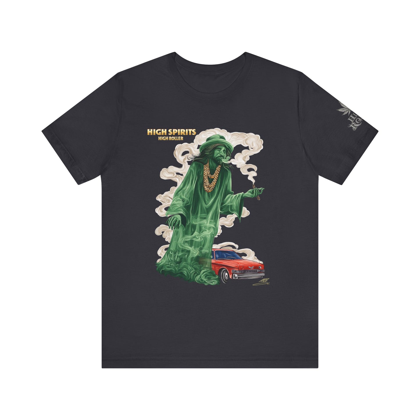 High Spirits HIGH ROLLER Halloween Cannabis Ghost T-Shirt - Premium Spectral Lowrider Phantom 420 Apparel