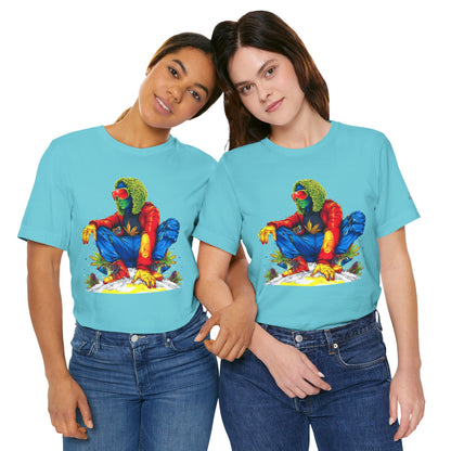 Psychedelic Chill Premium Cannabis Culture T-Shirt - Vibrant Street Art With Rainbow Color Explosion And Meditative Pose