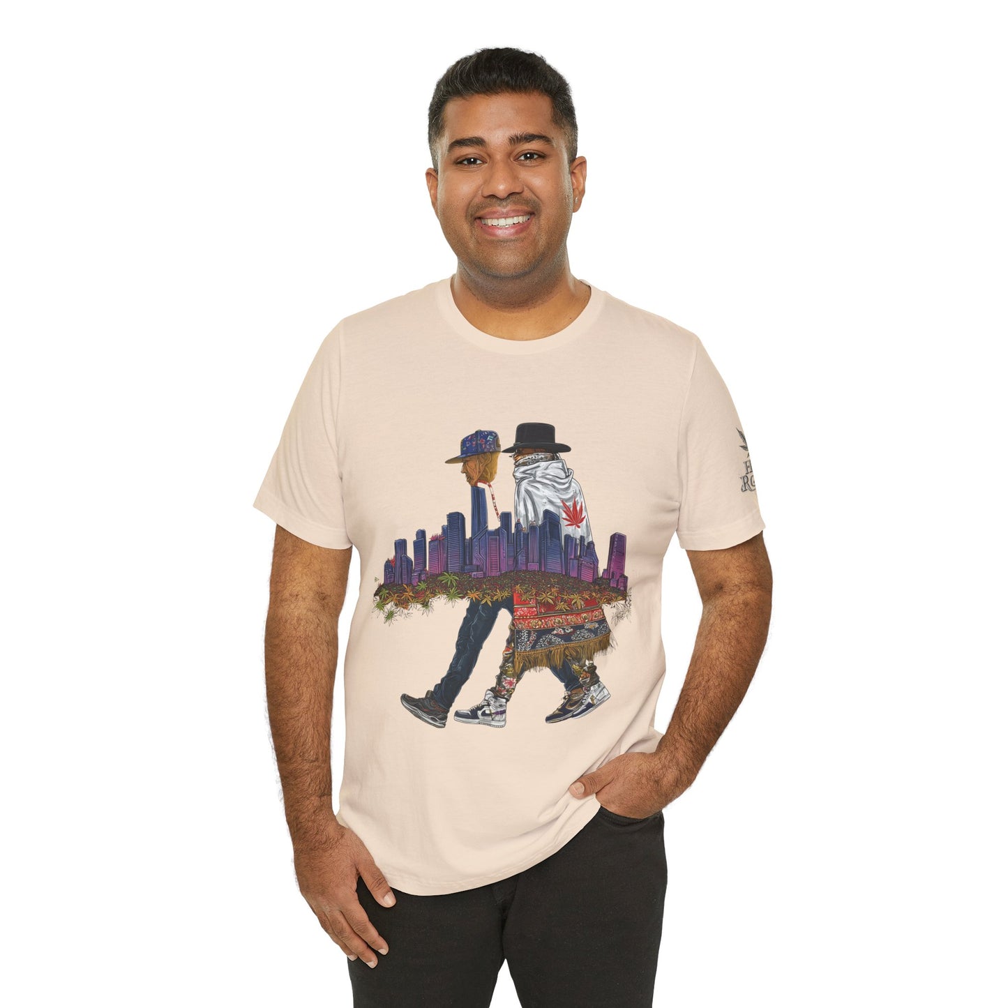 High Roller Urban Legends Cannabis T-Shirt - Premium 420 City Skyline Street Culture Double Exposure Apparel