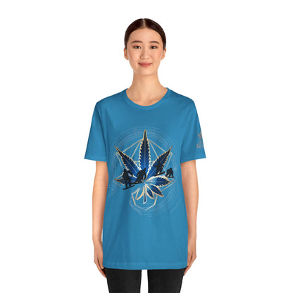 Sacred Geometry Snowboard Premium Cannabis Culture T-Shirt - Emerald Green Tee With Action Sports And Crystalline Cannabis Geometric Mandala