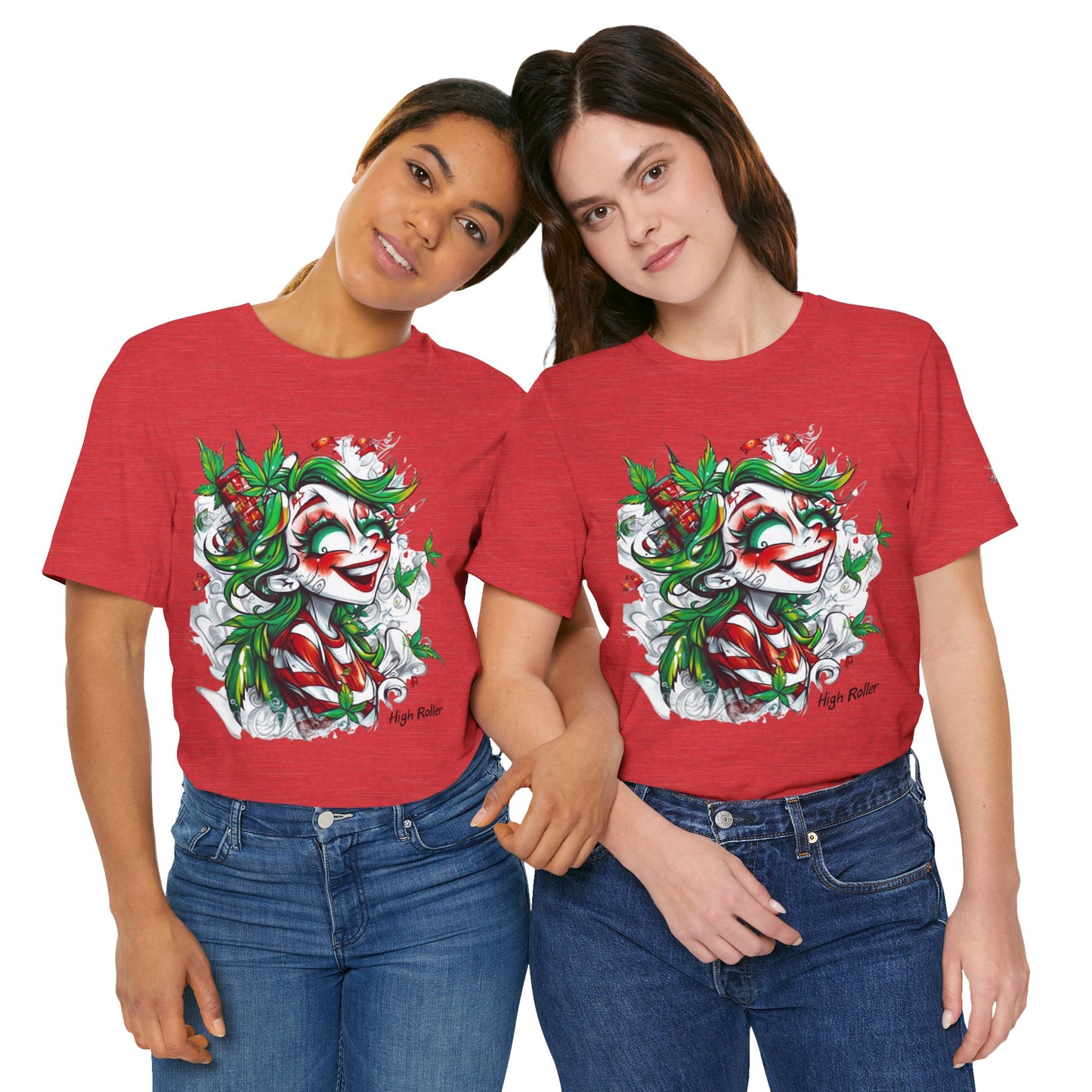 High Roller Jester Queen Cannabis T-Shirt - Premium 420 Harlequin Beauty Holiday Celebration Apparel