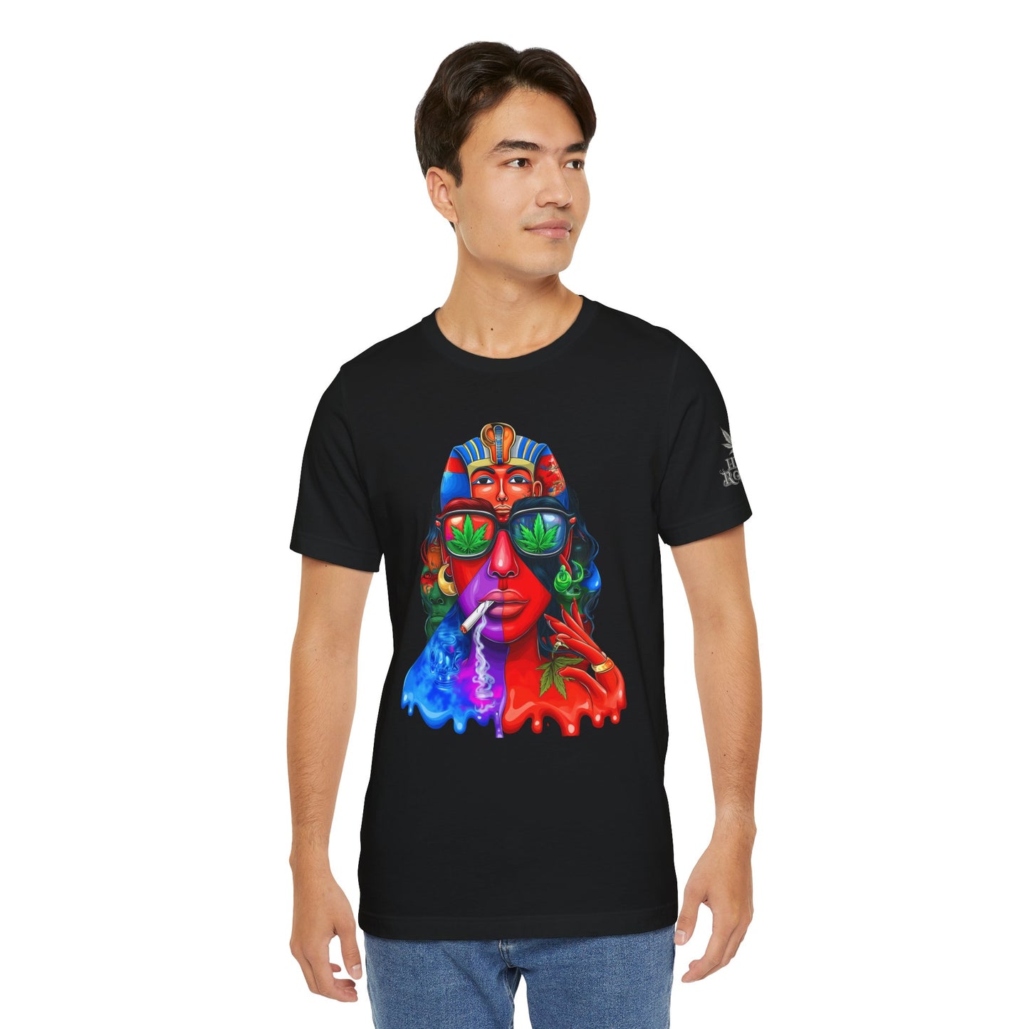 Pharaoh Vision Premium Cannabis Culture T-Shirt - Ancient Egyptian Royalty With Modern Cannabis Celebration And Psychedelic Split-Face Art