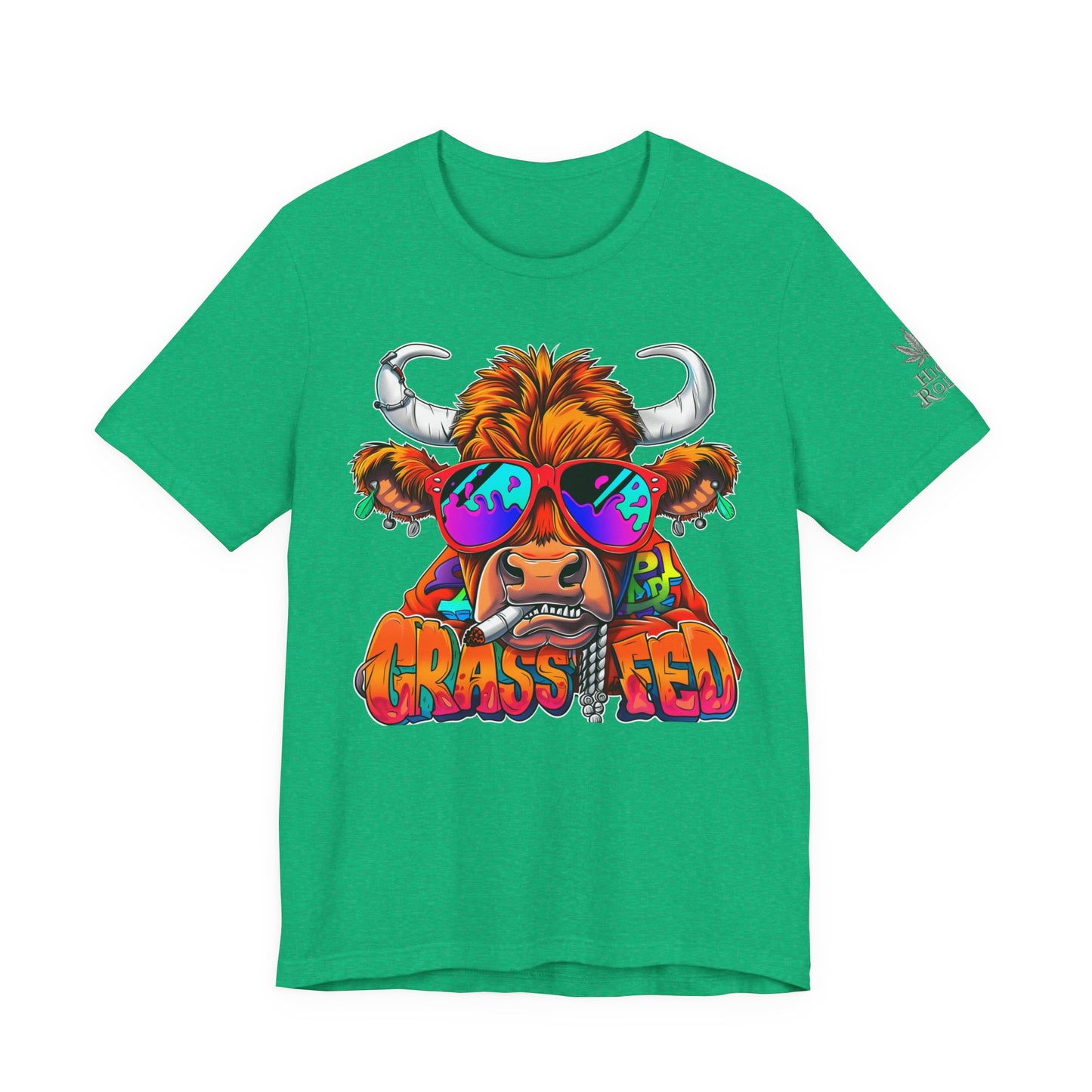 High Roller Grass Fed Cannabis T-Shirt - Premium 420 Highland Cow Humor Psychedelic Sunglasses Farm Culture Comedy Apparel