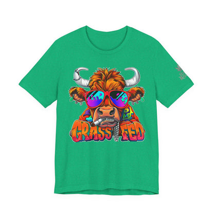 High Roller Grass Fed Cannabis T-Shirt - Premium 420 Highland Cow Humor Psychedelic Sunglasses Farm Culture Comedy Apparel