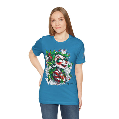 High Roller Jester Queen Cannabis T-Shirt - Premium 420 Harlequin Beauty Holiday Celebration Apparel