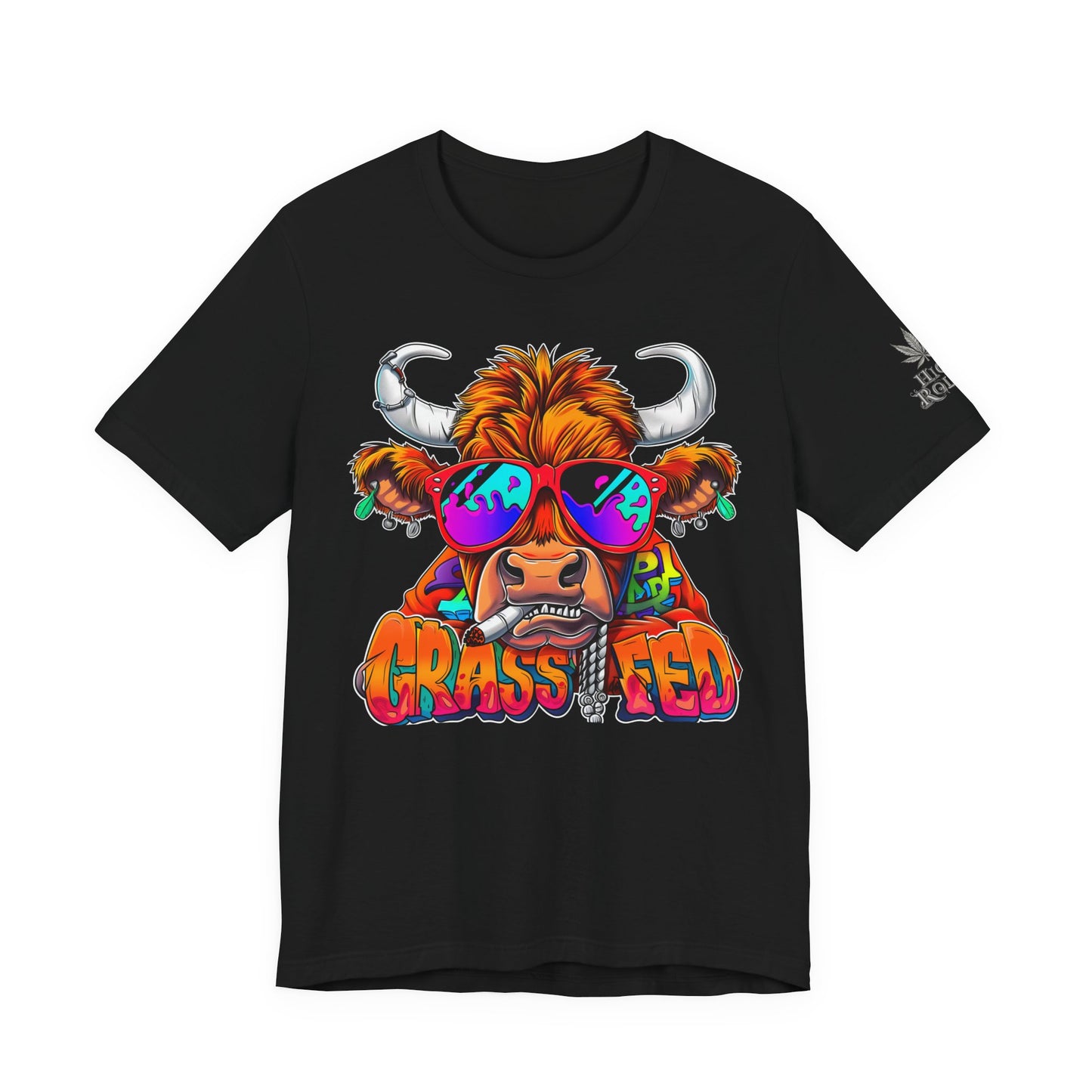 High Roller Grass Fed Cannabis T-Shirt - Premium 420 Highland Cow Humor Psychedelic Sunglasses Farm Culture Comedy Apparel