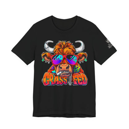High Roller Grass Fed Cannabis T-Shirt - Premium 420 Highland Cow Humor Psychedelic Sunglasses Farm Culture Comedy Apparel