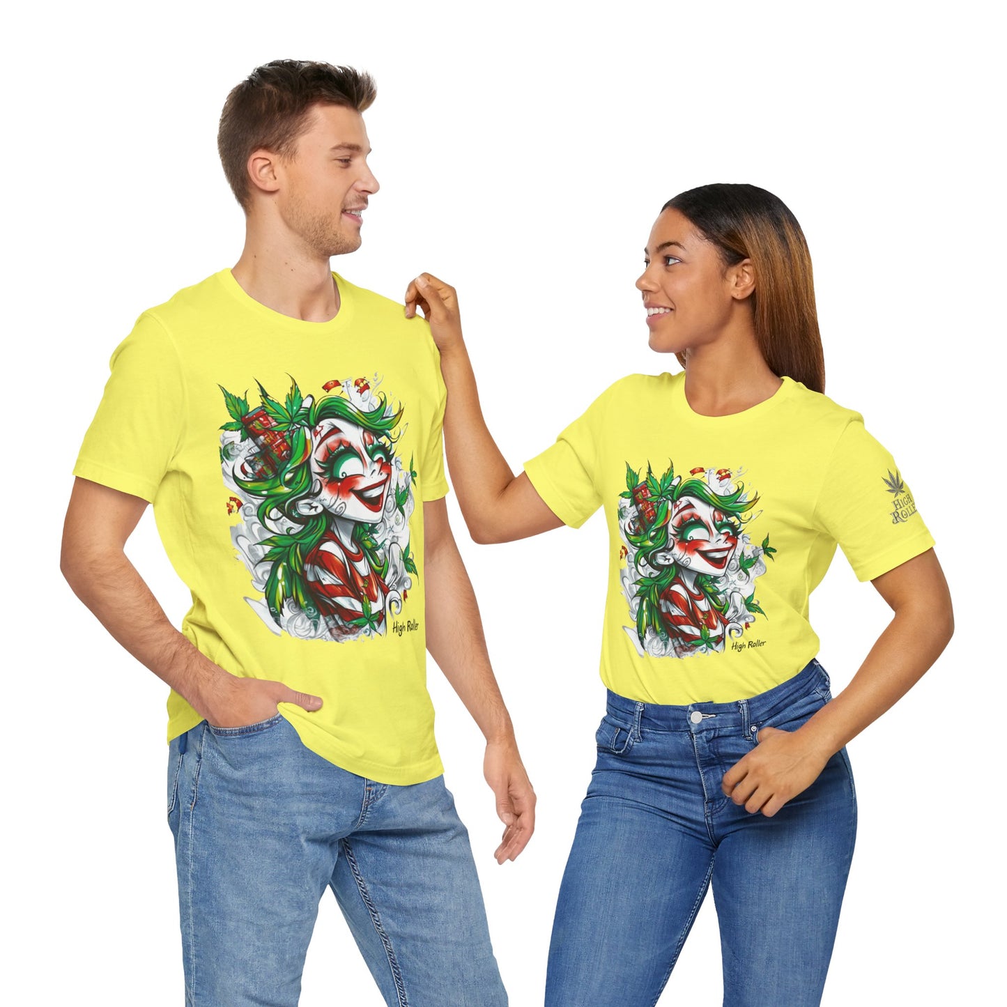 High Roller Jester Queen Cannabis T-Shirt - Premium 420 Harlequin Beauty Holiday Celebration Apparel