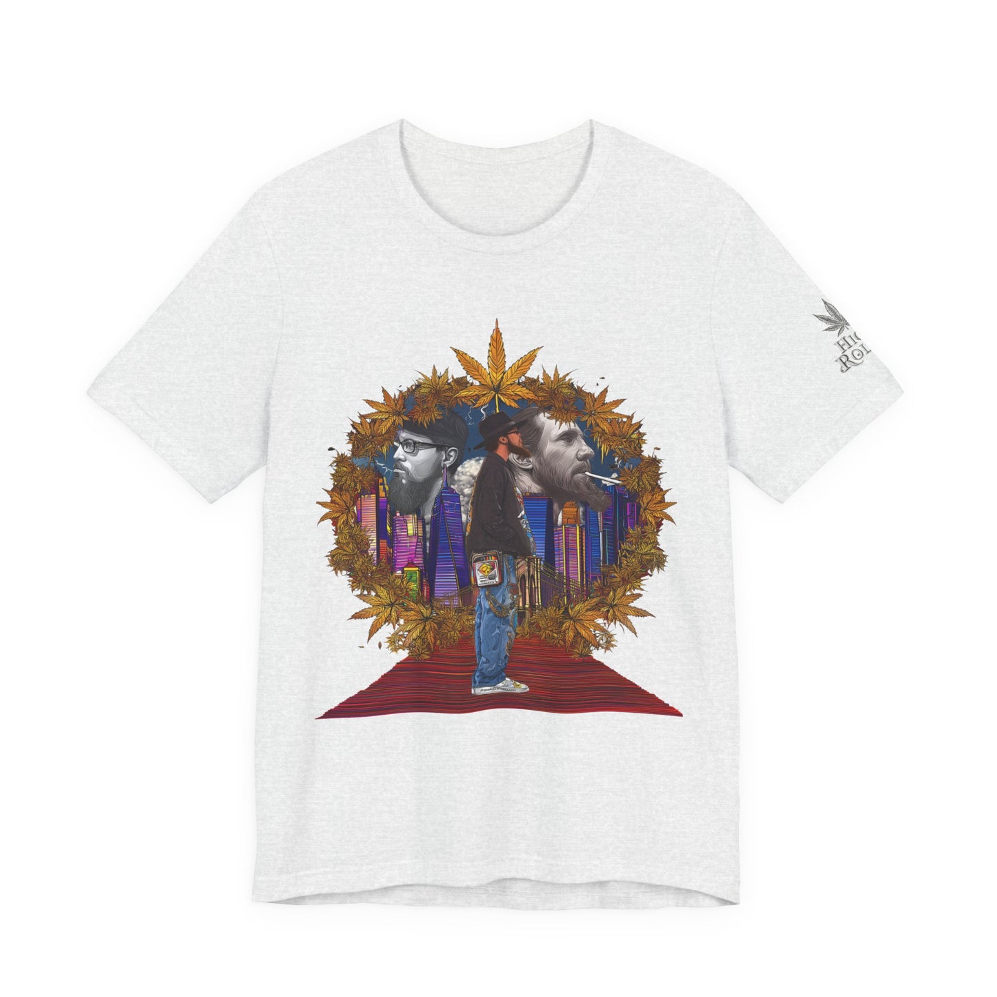 High Roller Red Carpet Cannabis T-Shirt - Premium 420 Hip-Hop Legacy Golden Frame Street Culture Artistic Portrait Apparel