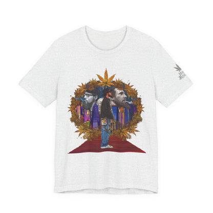 High Roller Red Carpet Cannabis T-Shirt - Premium 420 Hip-Hop Legacy Golden Frame Street Culture Artistic Portrait Apparel