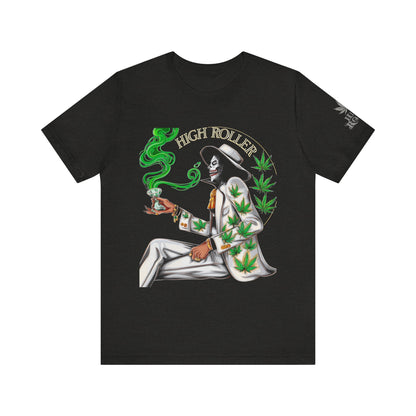 Skeletal HIGH ROLLER Halloween Cannabis Lounge T-Shirt - Premium Death's Day Off Botanical Relaxation 420 Apparel