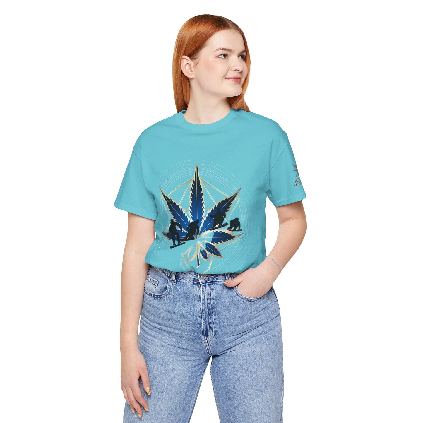 Sacred Geometry Snowboard Premium Cannabis Culture T-Shirt - Emerald Green Tee With Action Sports And Crystalline Cannabis Geometric Mandala