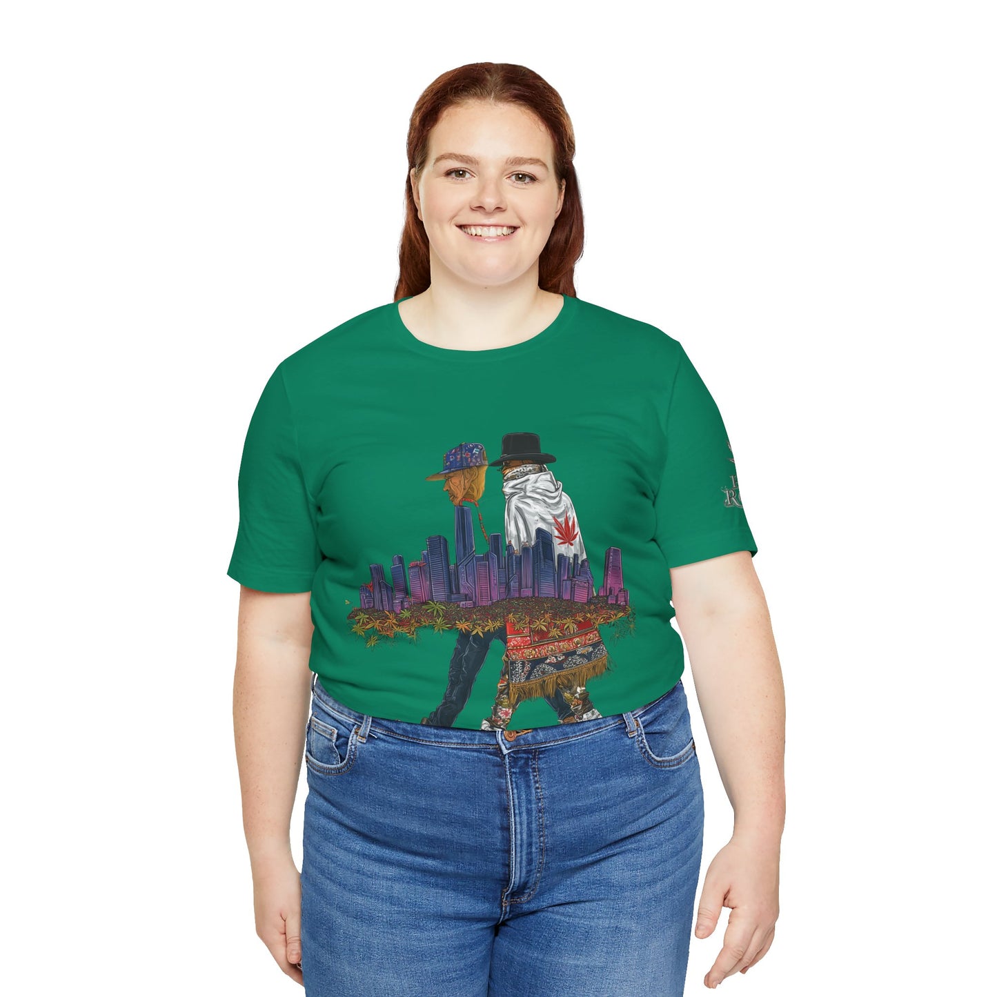 High Roller Urban Legends Cannabis T-Shirt - Premium 420 City Skyline Street Culture Double Exposure Apparel