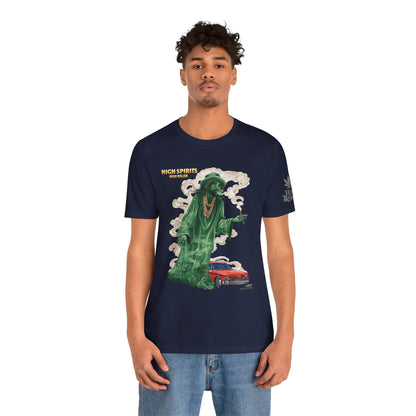 High Spirits HIGH ROLLER Halloween Cannabis Ghost T-Shirt - Premium Spectral Lowrider Phantom 420 Apparel