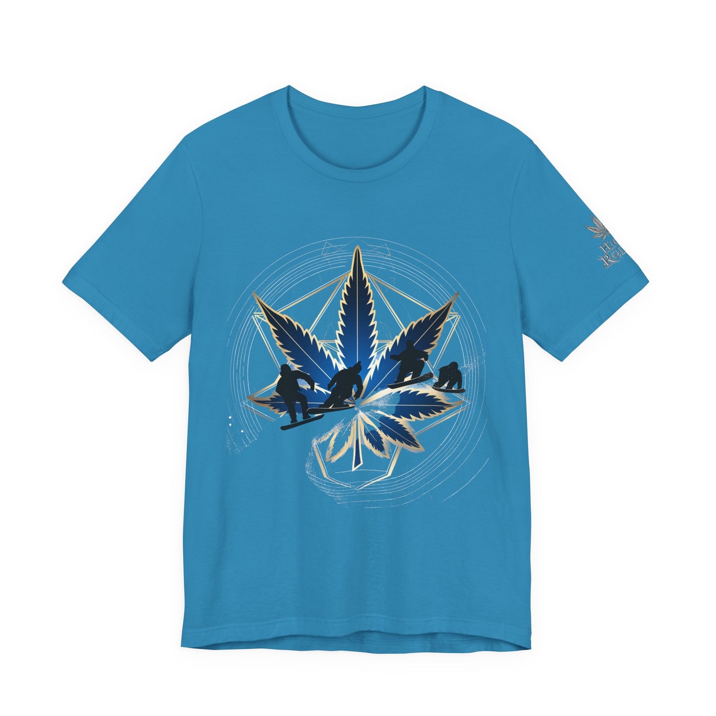 Sacred Geometry Snowboard Premium Cannabis Culture T-Shirt - Emerald Green Tee With Action Sports And Crystalline Cannabis Geometric Mandala