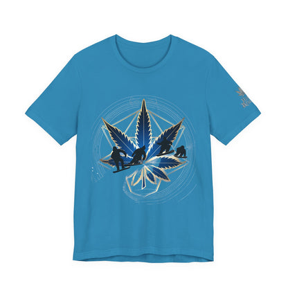 Sacred Geometry Snowboard Premium Cannabis Culture T-Shirt - Emerald Green Tee With Action Sports And Crystalline Cannabis Geometric Mandala