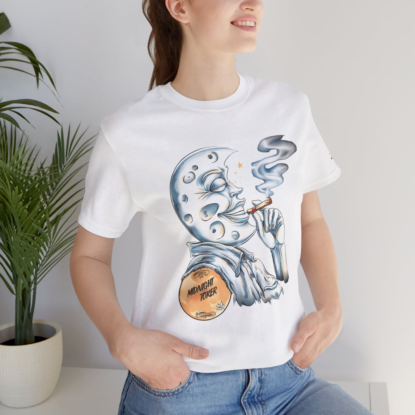 Midnight Toker Moon Tee - Celestial Cannabis Art Design | High Roller