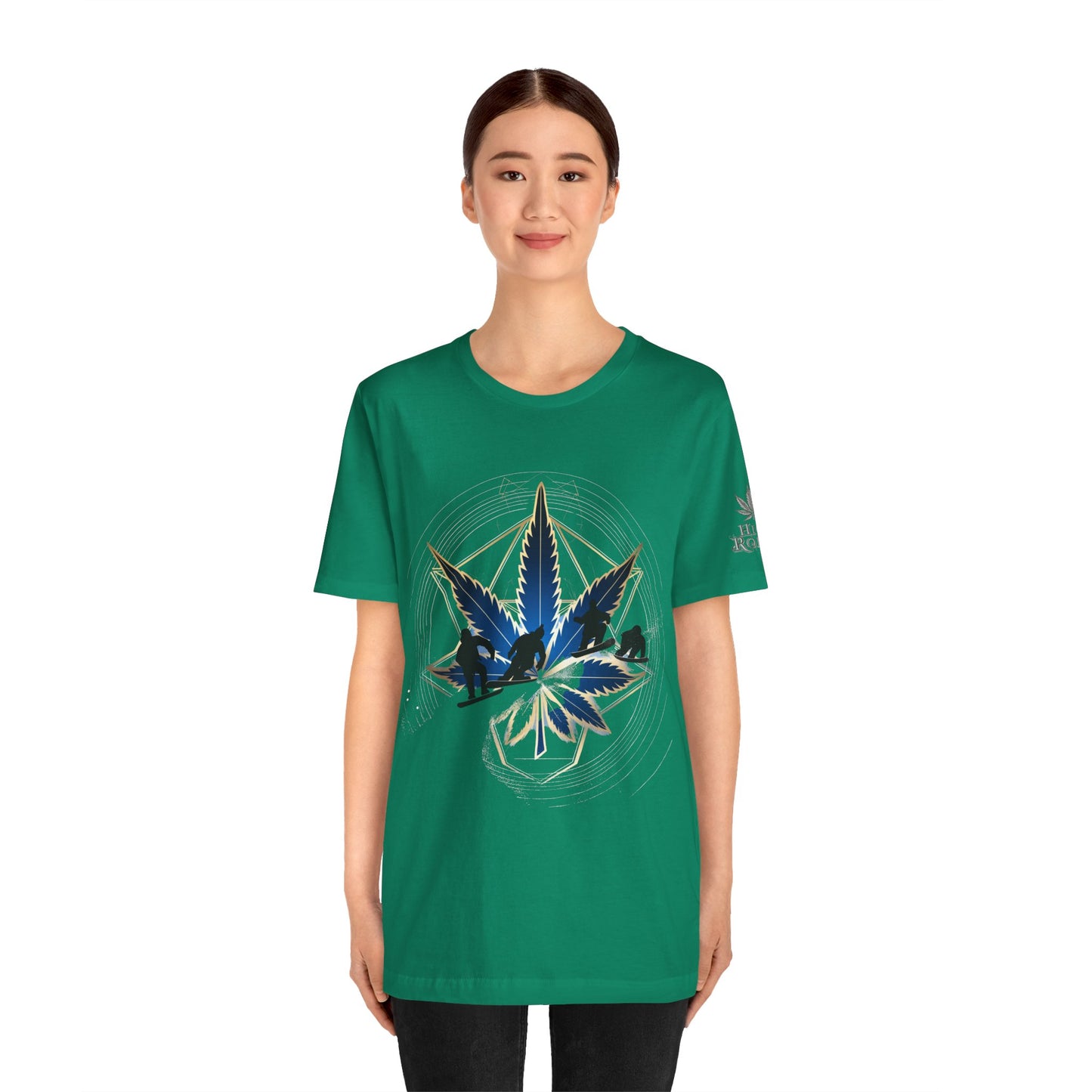 Sacred Geometry Snowboard Premium Cannabis Culture T-Shirt - Emerald Green Tee With Action Sports And Crystalline Cannabis Geometric Mandala