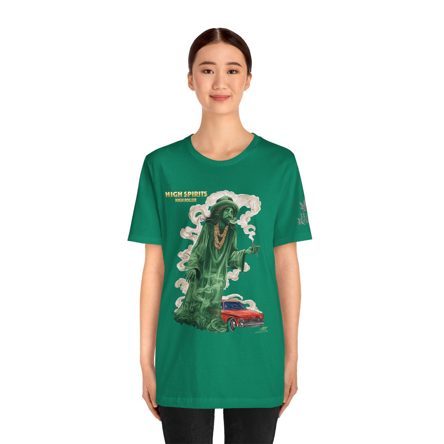 High Spirits HIGH ROLLER Halloween Cannabis Ghost T-Shirt - Premium Spectral Lowrider Phantom 420 Apparel