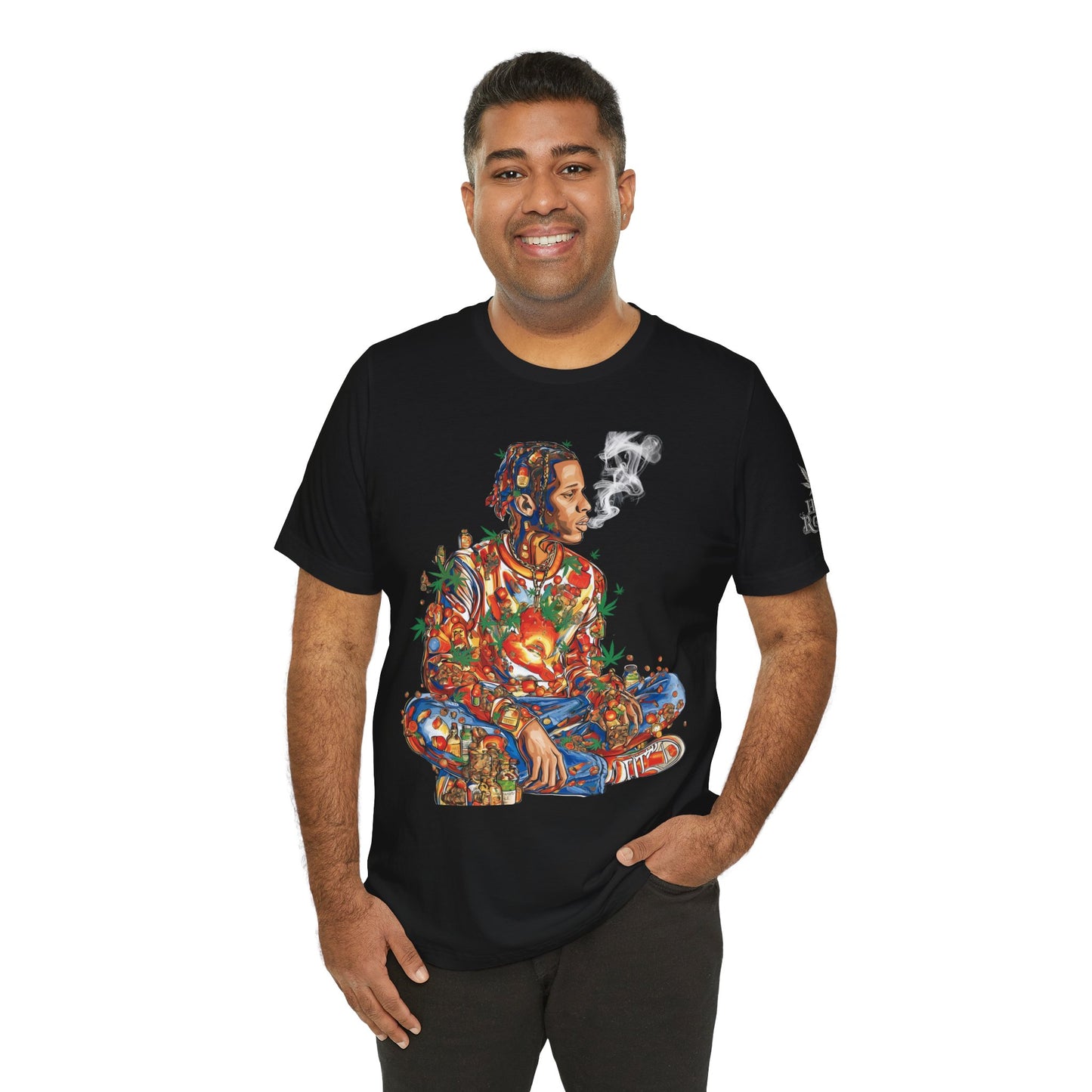 High Roller Meditation Mosaic Cannabis T-Shirt - Premium 420 Hip-Hop Zen Cross-Legged Street Culture Artistic Collage Apparel