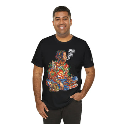 High Roller Meditation Mosaic Cannabis T-Shirt - Premium 420 Hip-Hop Zen Cross-Legged Street Culture Artistic Collage Apparel