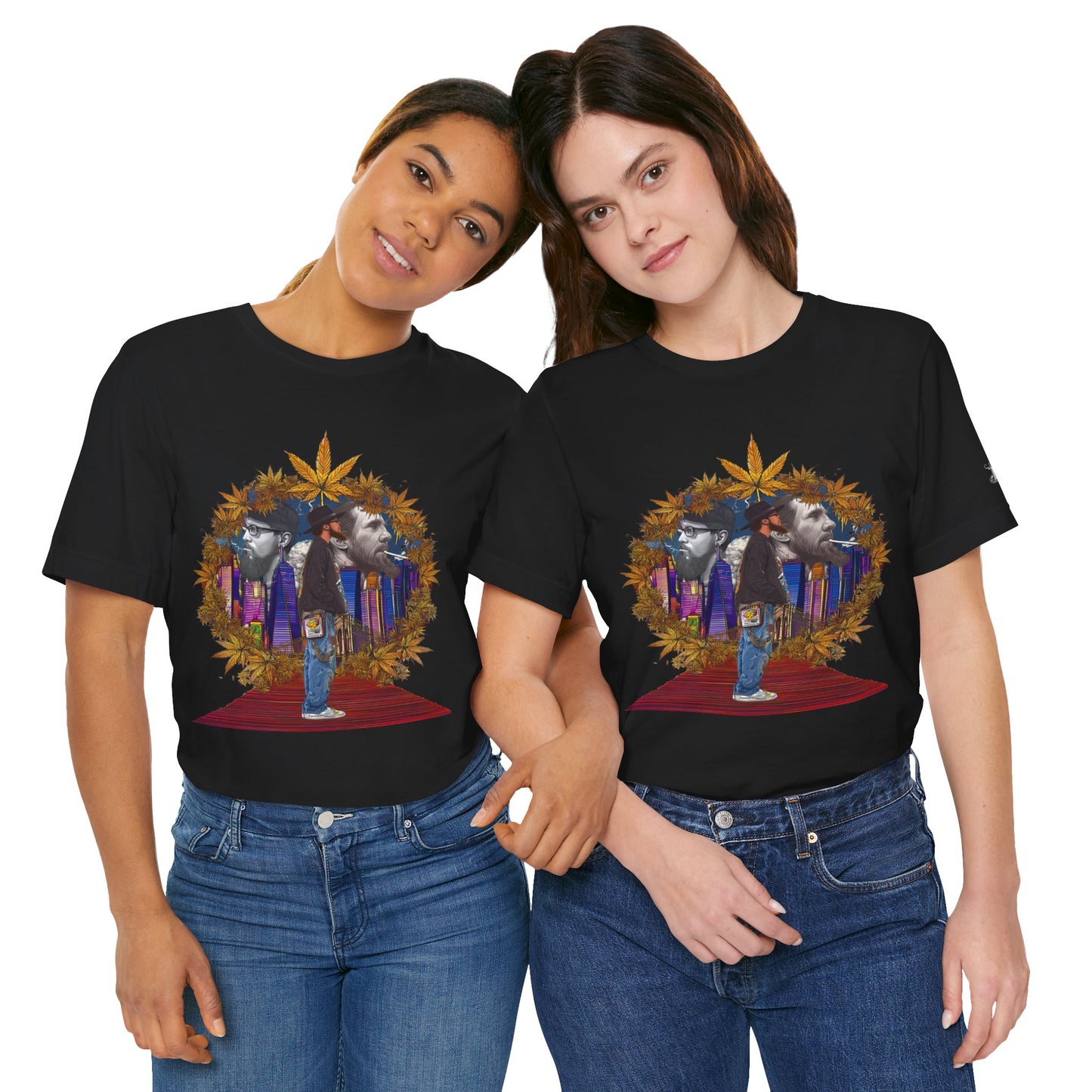 Red Carpet Royalty Premium Cannabis Culture T-Shirt - Hip-Hop Legends Tribute With Golden Cannabis Wreath And City Skyline