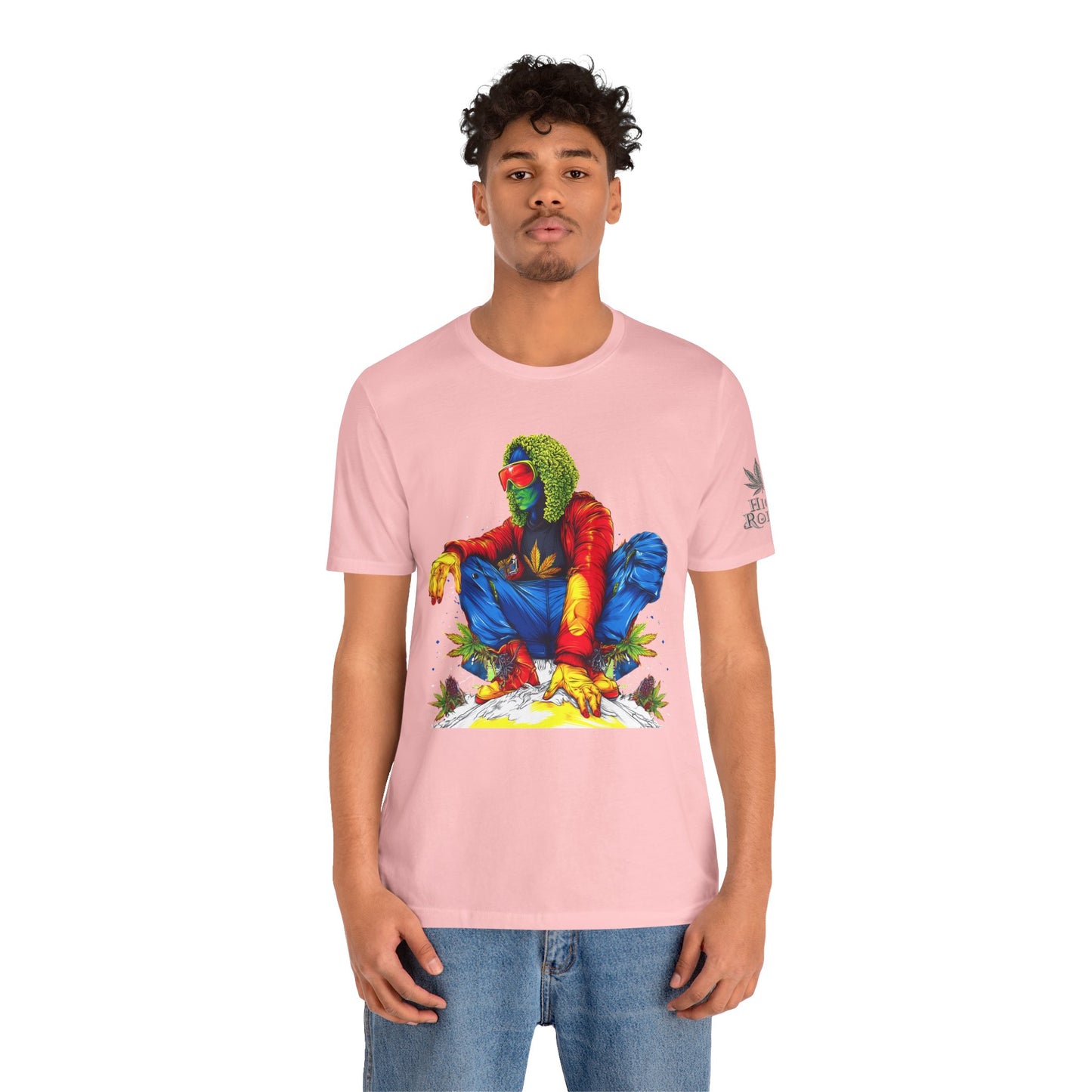 Psychedelic Chill Premium Cannabis Culture T-Shirt - Vibrant Street Art With Rainbow Color Explosion And Meditative Pose