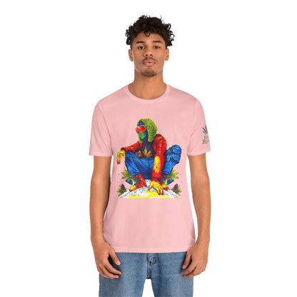 Psychedelic Chill Premium Cannabis Culture T-Shirt - Vibrant Street Art With Rainbow Color Explosion And Meditative Pose