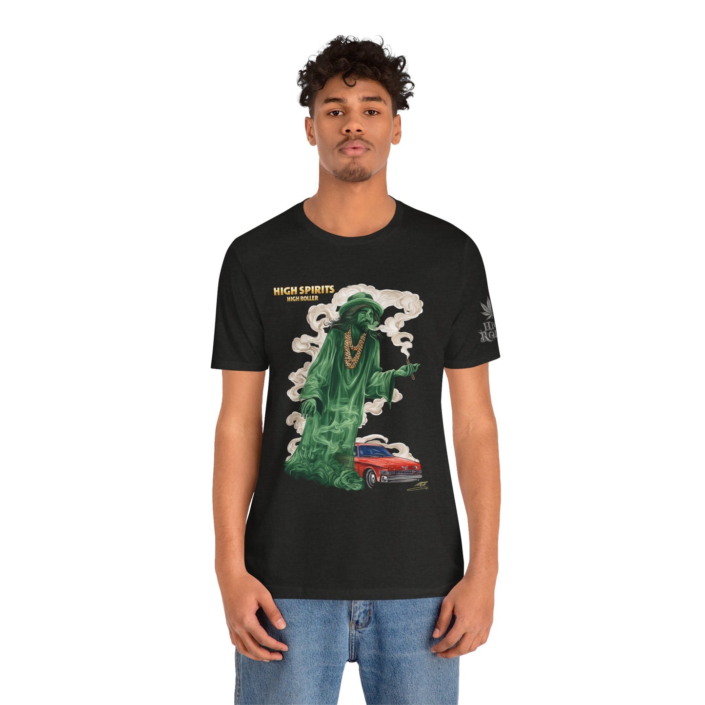 High Spirits HIGH ROLLER Halloween Cannabis Ghost T-Shirt - Premium Spectral Lowrider Phantom 420 Apparel