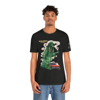 High Spirits HIGH ROLLER Halloween Cannabis Ghost T-Shirt - Premium Spectral Lowrider Phantom 420 Apparel