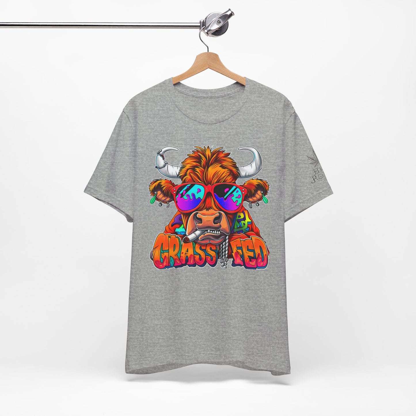 High Roller Grass Fed Cannabis T-Shirt - Premium 420 Highland Cow Humor Psychedelic Sunglasses Farm Culture Comedy Apparel