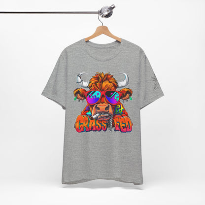 High Roller Grass Fed Cannabis T-Shirt - Premium 420 Highland Cow Humor Psychedelic Sunglasses Farm Culture Comedy Apparel