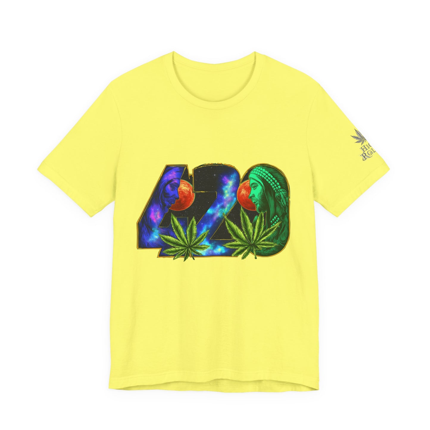 420 Cosmic Connection Premium Cannabis Culture T-Shirt - Bold Typography With Celestial Profiles And Luminous Cannabis Leaf Design