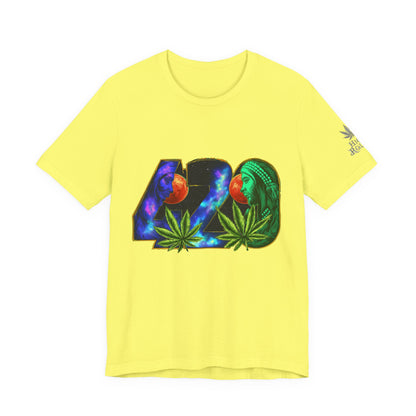 420 Cosmic Connection Premium Cannabis Culture T-Shirt - Bold Typography With Celestial Profiles And Luminous Cannabis Leaf Design