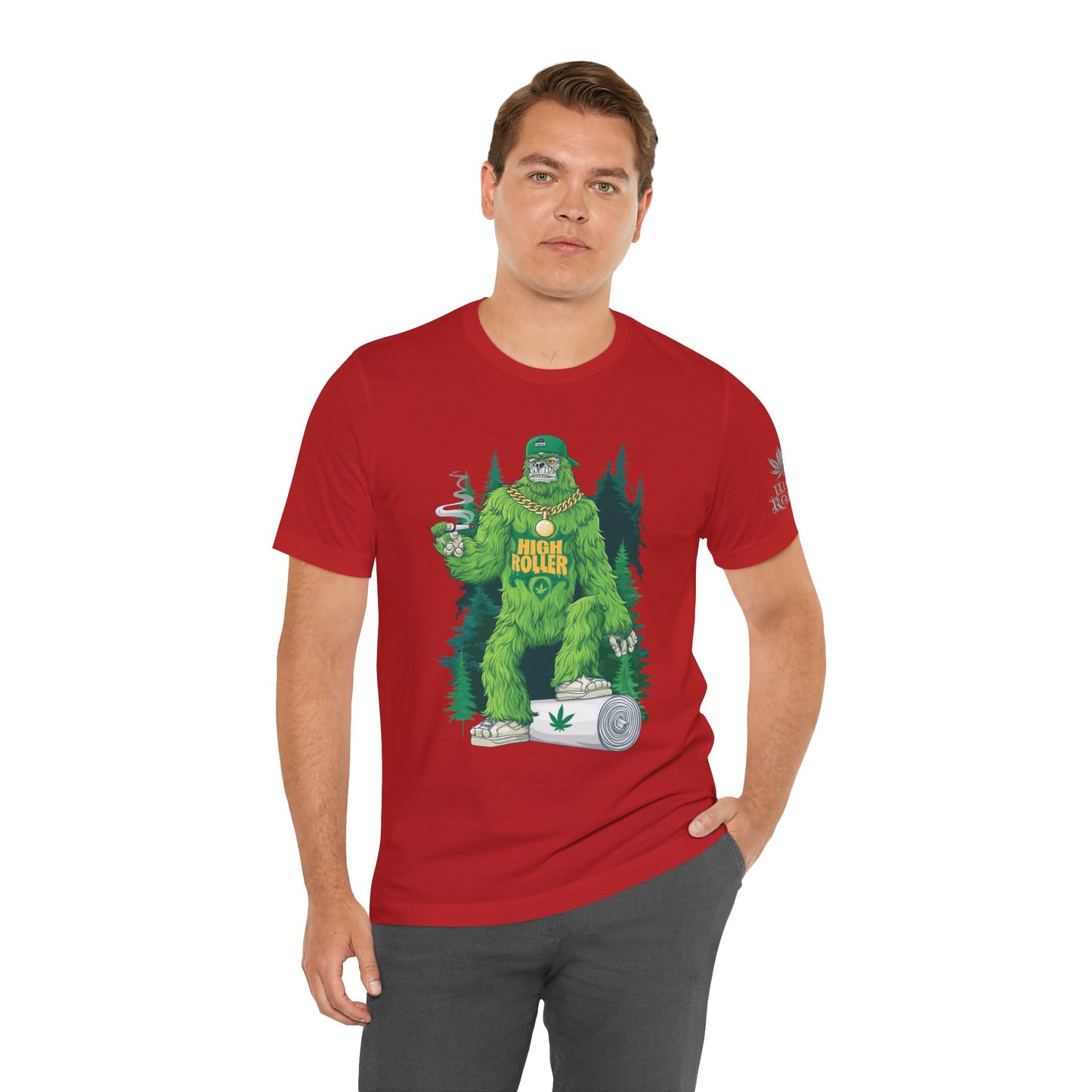 Bigfoot HIGH ROLLER Halloween Cannabis Forest T-Shirt - Premium Sasquatch Lifestyle Legend 420 Apparel