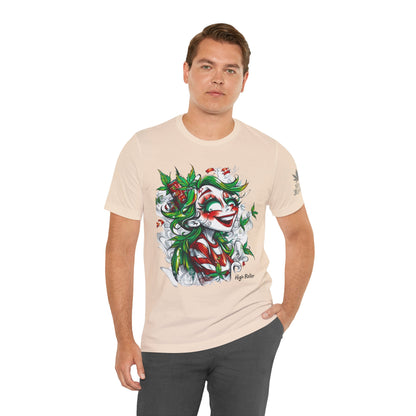 High Roller Jester Queen Cannabis T-Shirt - Premium 420 Harlequin Beauty Holiday Celebration Apparel