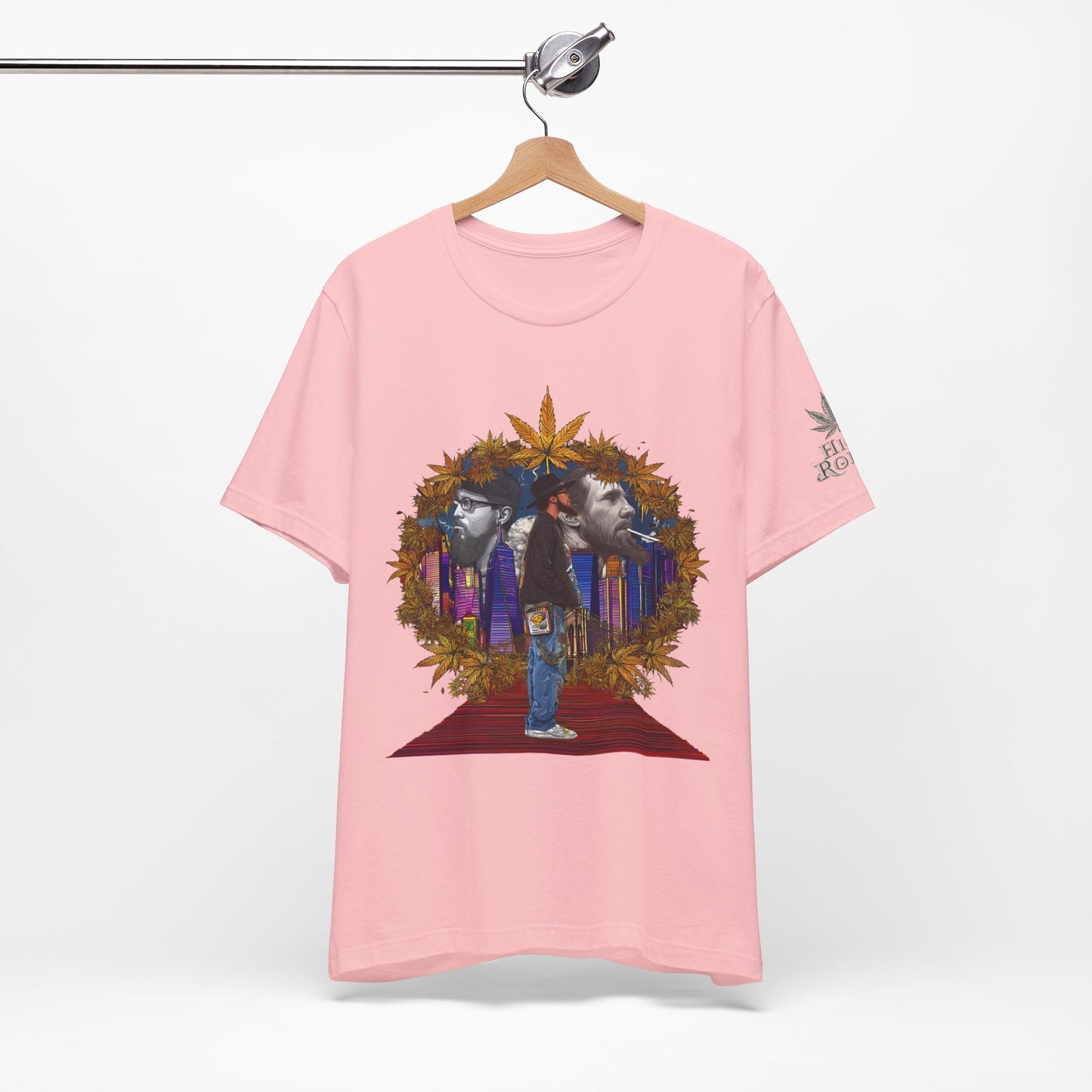 Red Carpet Royalty Premium Cannabis Culture T-Shirt - Hip-Hop Legends Tribute With Golden Cannabis Wreath And City Skyline