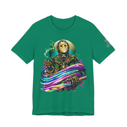 Psychedelic Jason Swoosh Cannabis T-Shirt - Premium Horror 420 Orange Edition Apparel