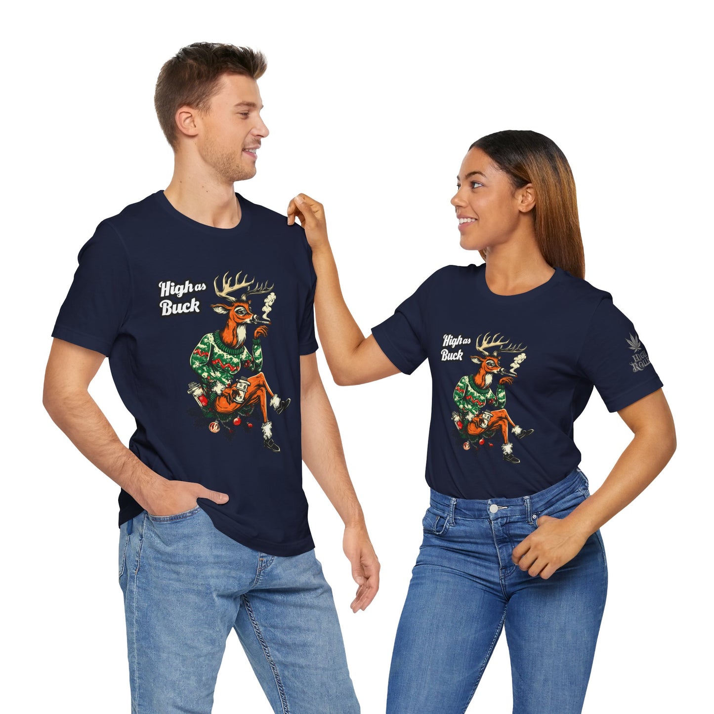High as Buck T-Shirt - Premium Airlume Cotton Cannabis Christmas Deer Holiday Tee